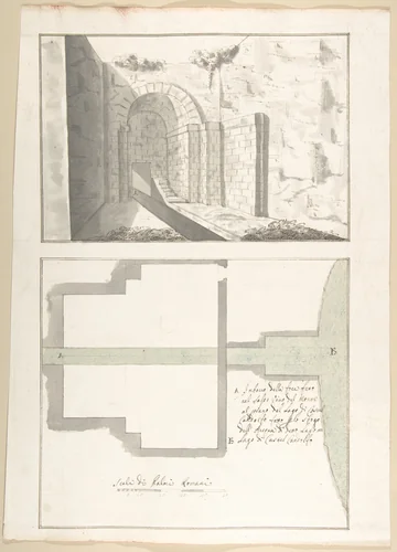 Canalization of the Mouth of the Sasso Vino into the Lake of Castel Gandolfo: Perspective and Plan by Pietro Paolo Coccetti, drawing, 1710-1727