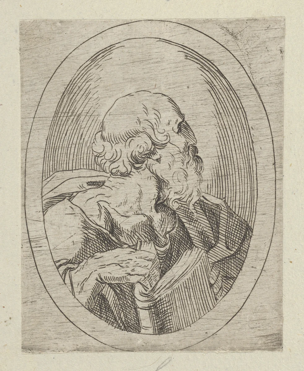 An apostle seen in profile facing right, holding an open book, in an oval frame, from "Christ, the Virgin, and Thirteen Apostles" by anonymous, print, 1595-1645
