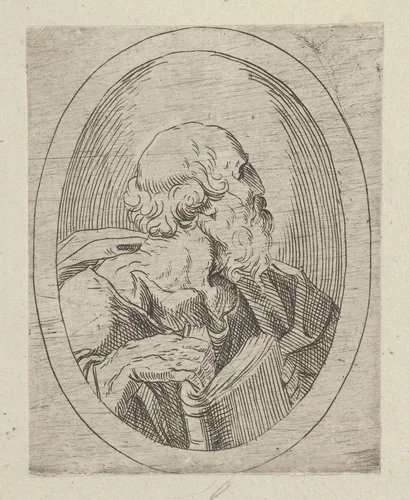 An apostle seen in profile facing right, holding an open book, in an oval frame, from "Christ, the Virgin, and Thirteen Apostles" by anonymous, print, 1595-1645