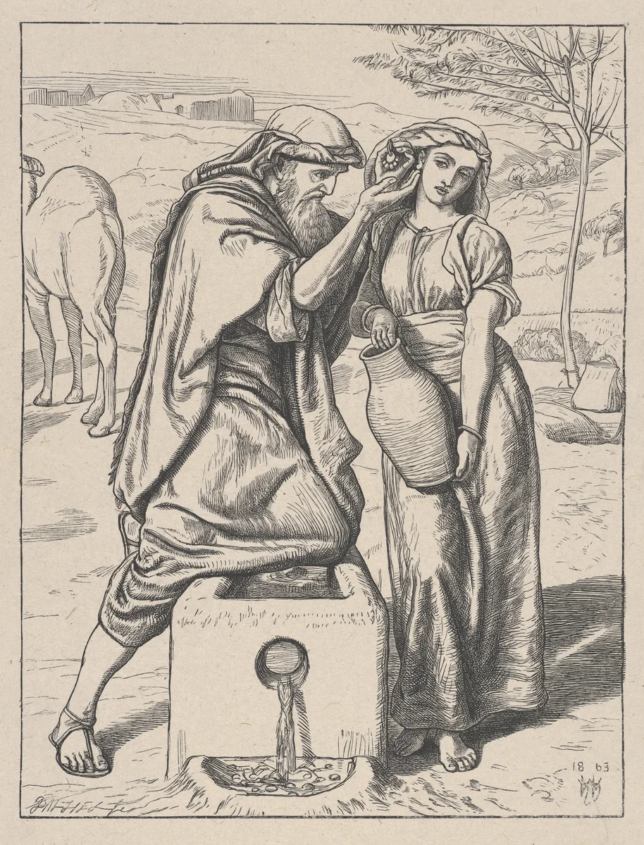 Eliezer and Rebekah at the Well, from "Dalziels' Bible Gallery" by William Holman Hunt, print, 1863-1881