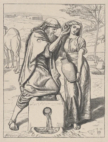 Eliezer and Rebekah at the Well, from "Dalziels' Bible Gallery" by William Holman Hunt, print, 1863-1881