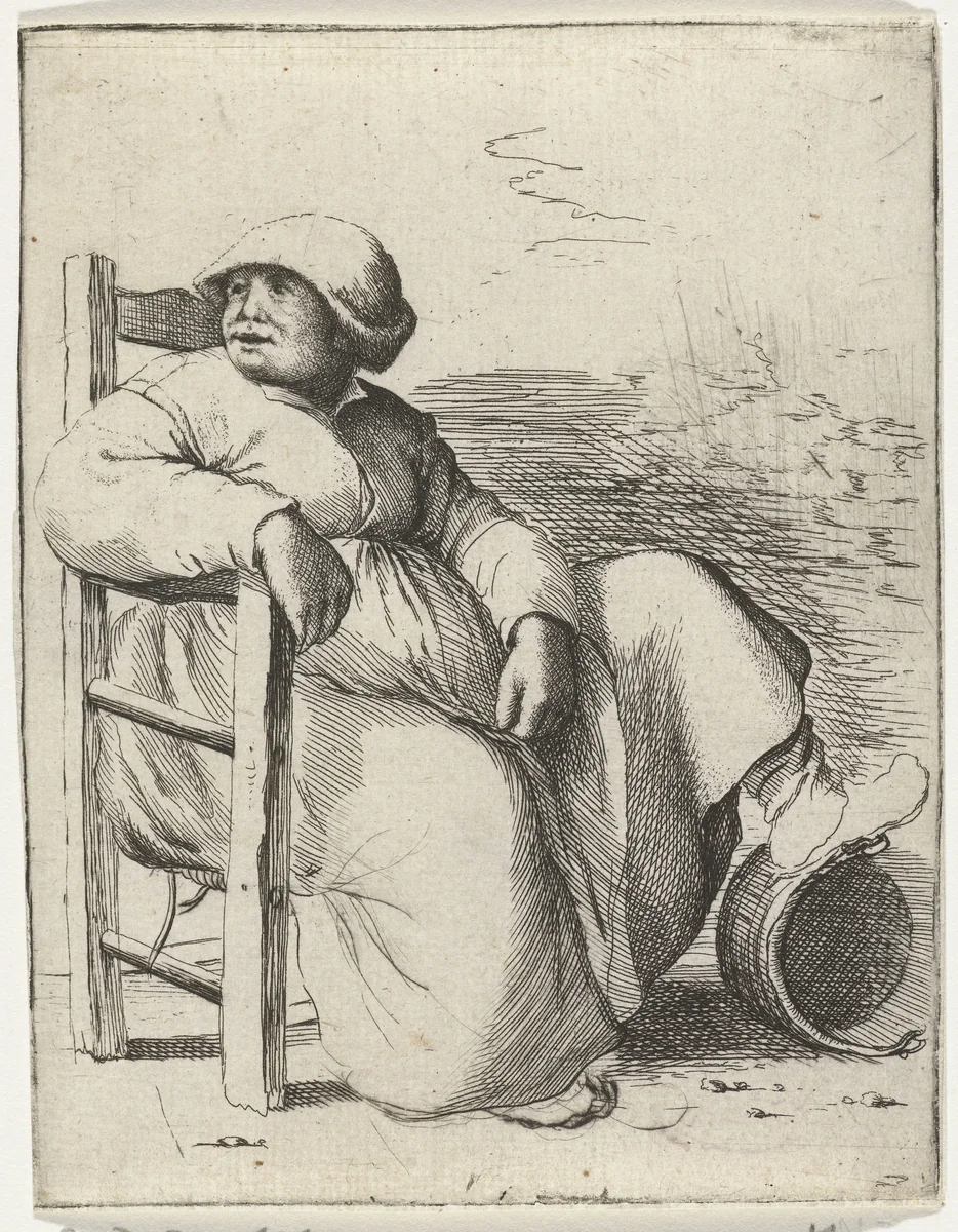 Een vrouw zit op een stoel by Willem Basse, print, 1633-1672