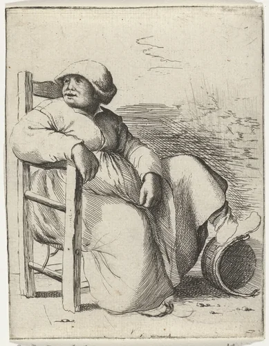 Een vrouw zit op een stoel by Willem Basse, print, 1633-1672