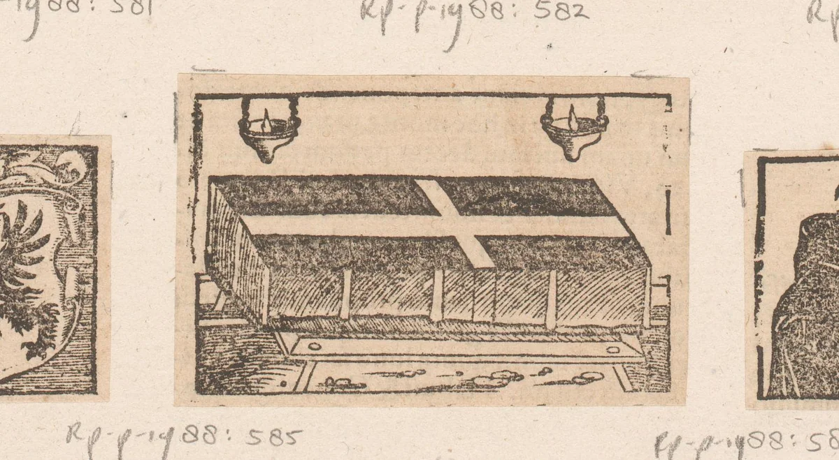 Doodskist gedrapeerd met een kleed by anonymous, print, 1500-1599