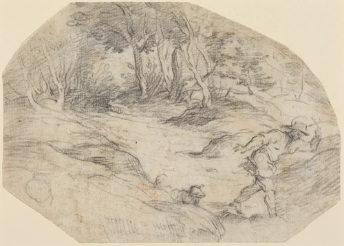 Landscape with a Man and a Dog by Leandro Bassano; Titian, drawing, 1580