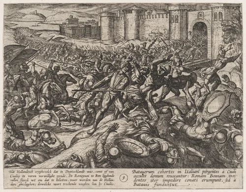 Plate 9: The Romans Defeated by the Dutch Troops at Bonna, from The War of the Romans Against the Batavians (Romanorvm et Batavorvm societas) by Antonio Tempesta, print, 1611-1612