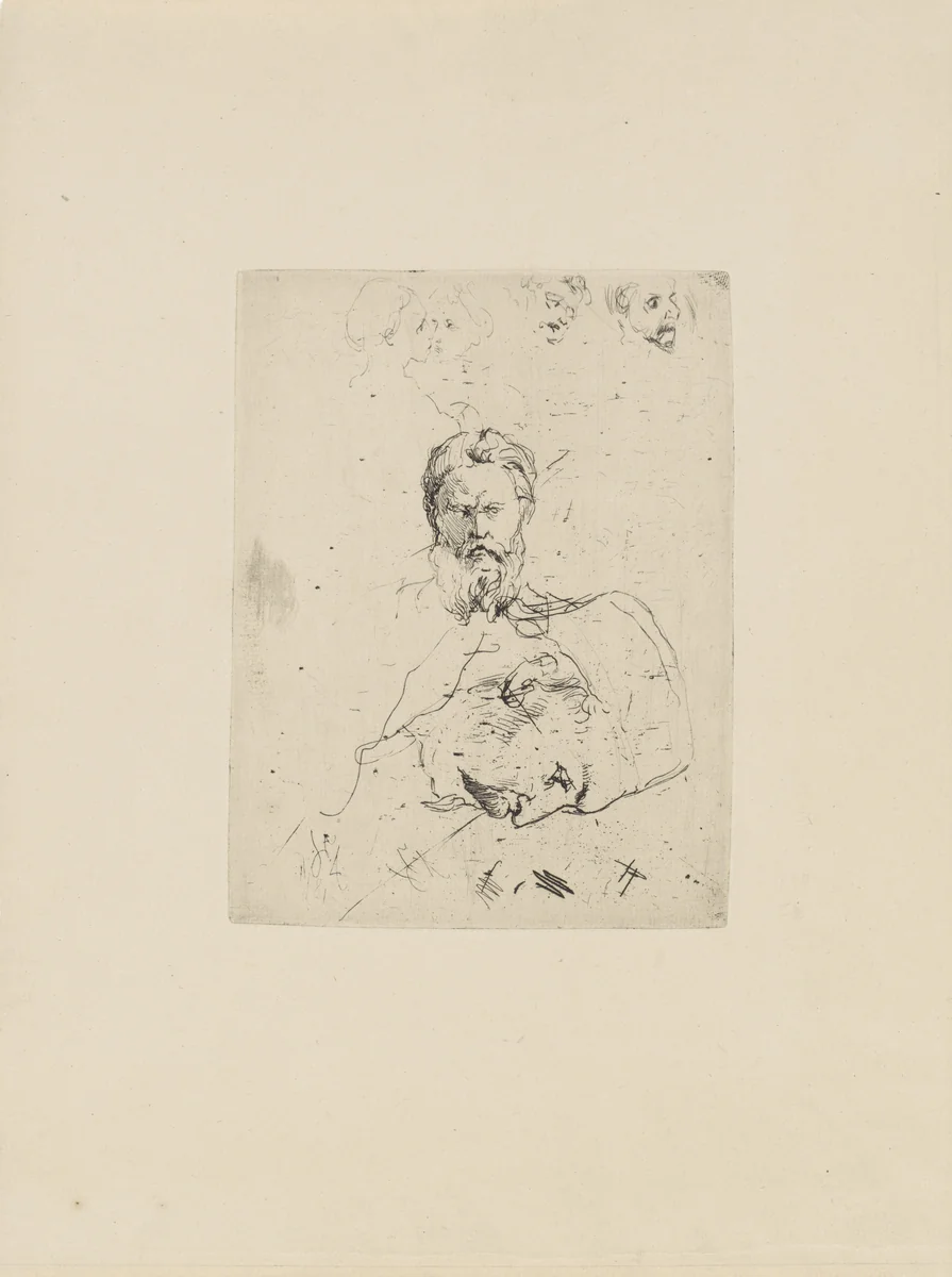 Studieblad met gezichten van mannen by Antonie Frederik Zürcher, print, 1835-1876