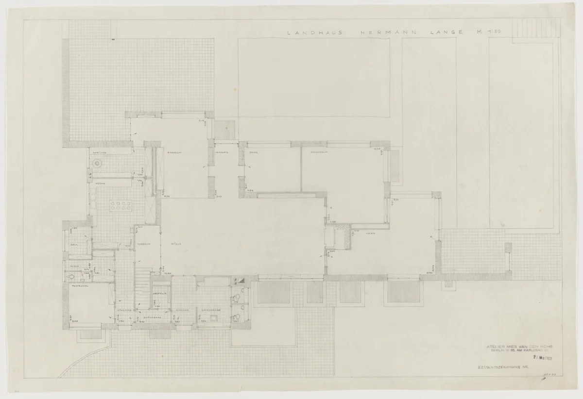 Hermann Lange House, Krefeld, Germany, Plan by Ludwig Mies van der Rohe, mies van der rohe archive, 1927