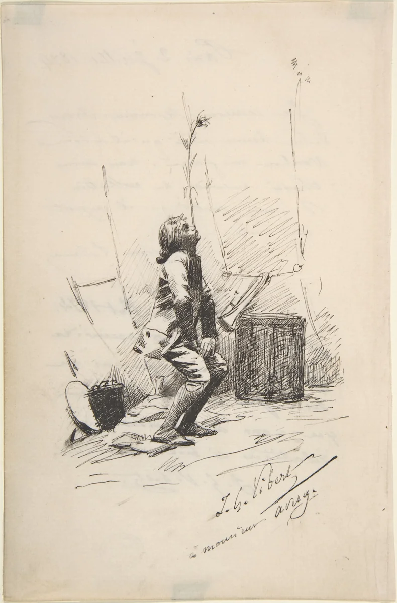 Boy Balancing a Tall Weed on His Nose by Jean-Georges Vibert, drawing, 1869-1879