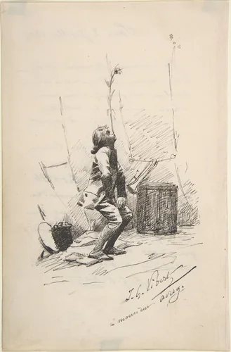 Boy Balancing a Tall Weed on His Nose by Jean-Georges Vibert, drawing, 1869-1879