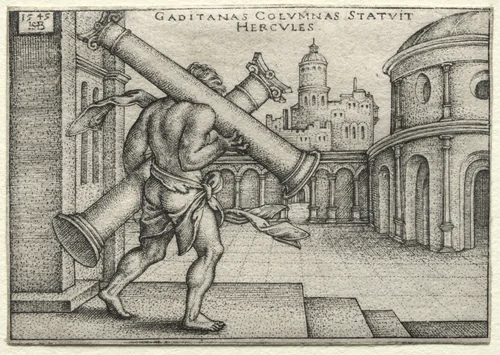 The Labors of Hercules: Hercules and the Columns of Gades by Hans Sebald Beham, print, 1545