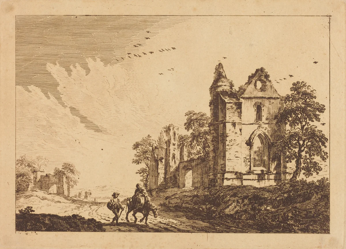 Ruined Abbey with Travelers on the Road by Paul Sandby, print, 1758