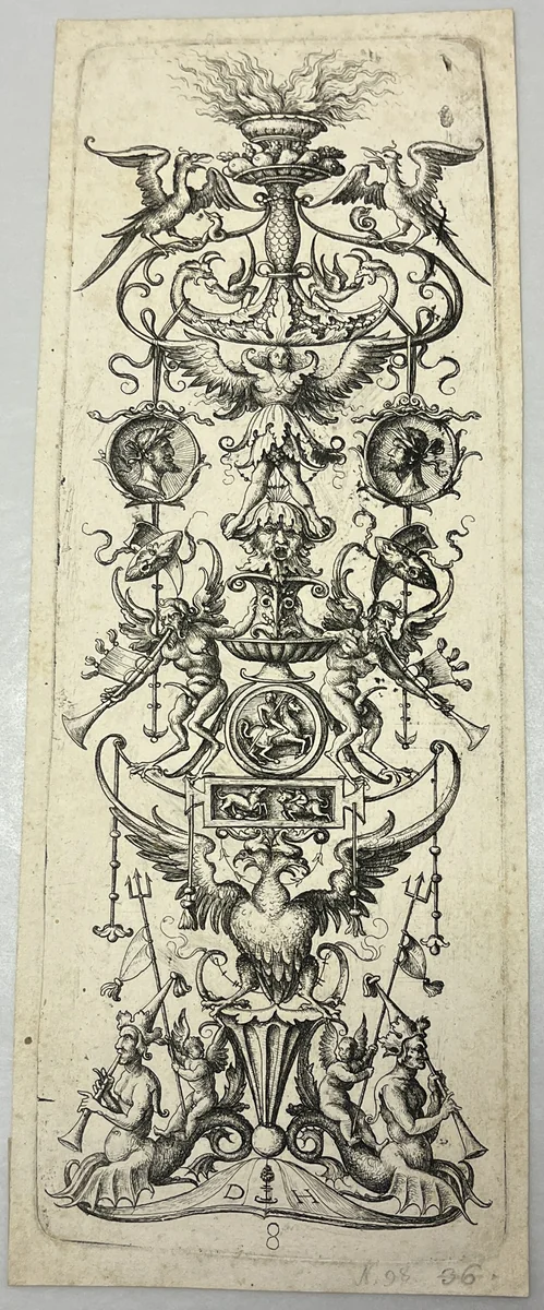 Grotesque Candelabra with Musical Sayrs and Relief Medallions by Daniel I Hopfer, print, 1500-1540