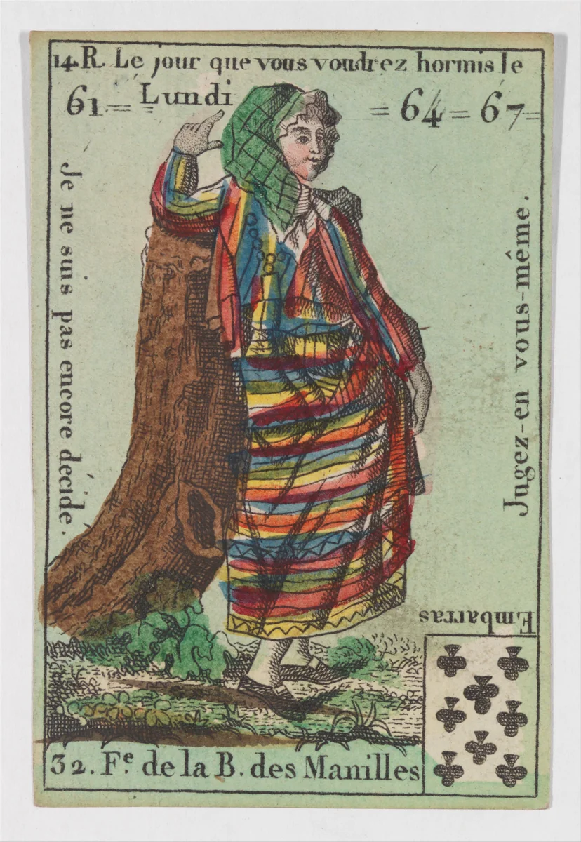 F.e de la B. des Manilles, from the playing cards (for quartets) "Costumes des Peuples Étrangers" by anonymous, print, 1700-1799