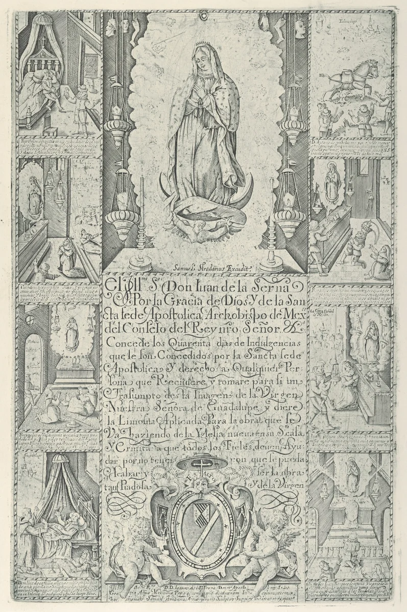 Indulgence for donation of alms towards the building of a Church to the Virgin of Guadalupe (modern facsimile impression) by Samuel Stradanus, print, 1608-1940