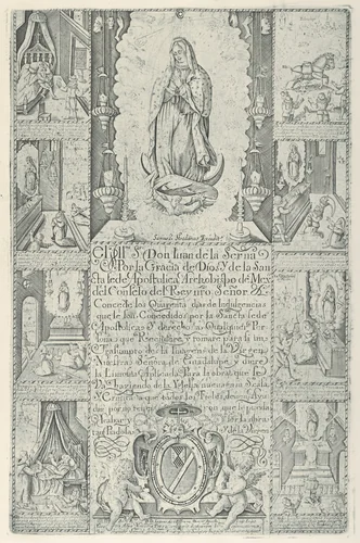 Indulgence for donation of alms towards the building of a Church to the Virgin of Guadalupe (modern facsimile impression) by Samuel Stradanus, print, 1608-1940