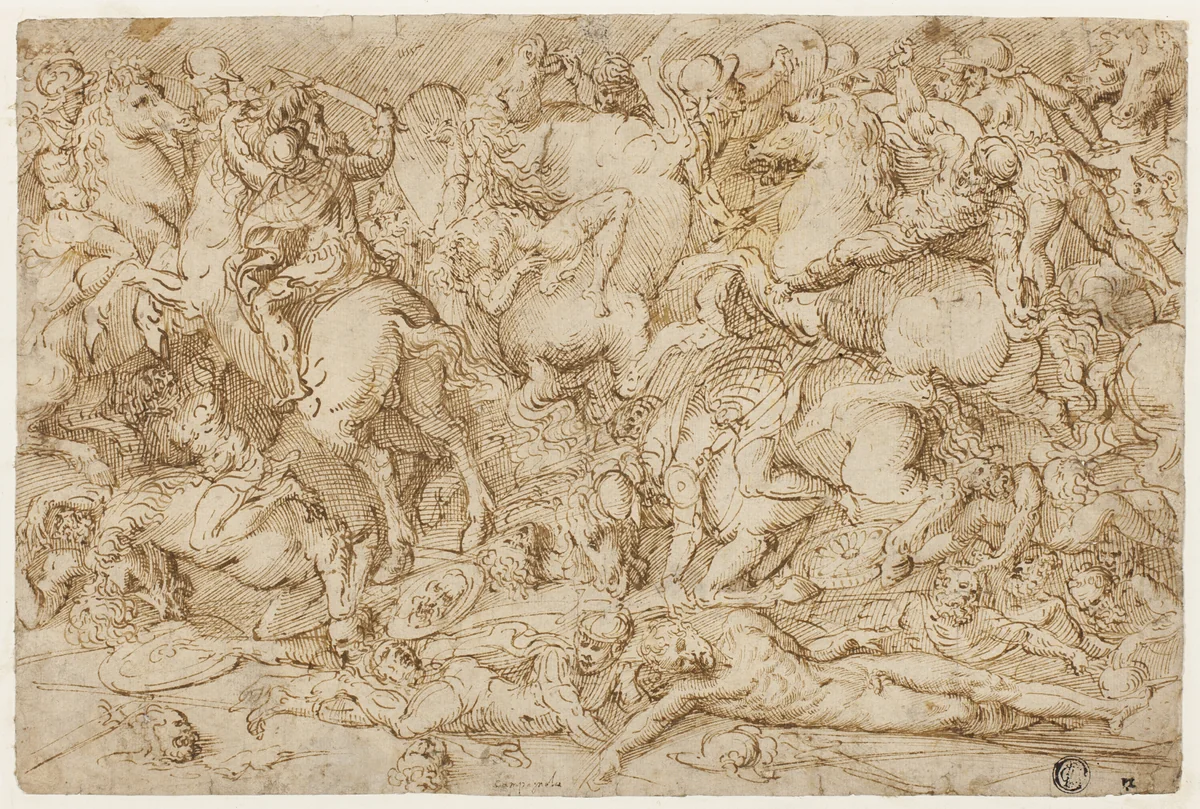 Battle Scene with Horses and Men by Domenico Campagnola, drawing, 1512-1522