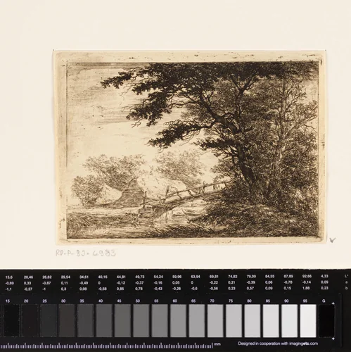 Houten brug bij huizen by Hermanus van Brussel, print, 1800-1815