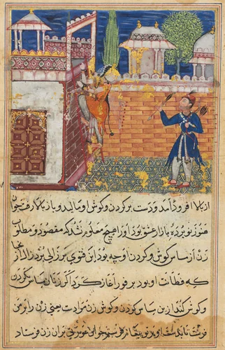 The deceitful wife returns to her terrace after caressing her lover, from a Tuti-nama (Tales of a Parrot): Eighth Night by Shravana, painting, 1555-1565