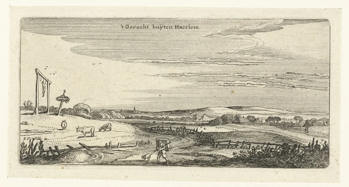 Landschap met galgenveld bij Haarlem by anonymous, print, 1615-1652