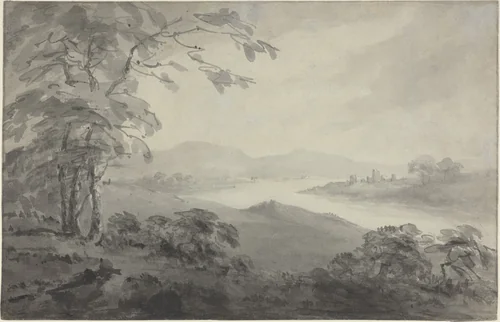River Landscape with Ruins by William Gilpin, drawing, 1770-1780