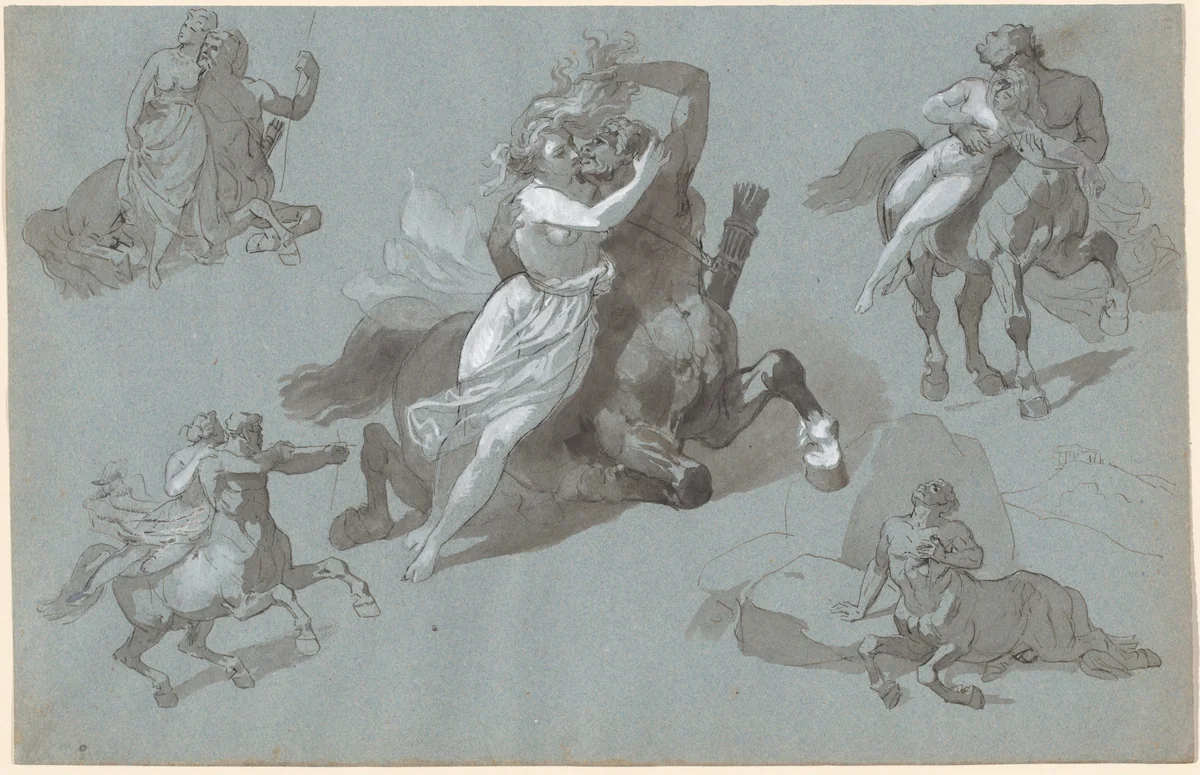 Nessus and Dejanira in Four Poses, and the Dying Nessus by Hippolyte Lalaisse, drawing, 1830-1839