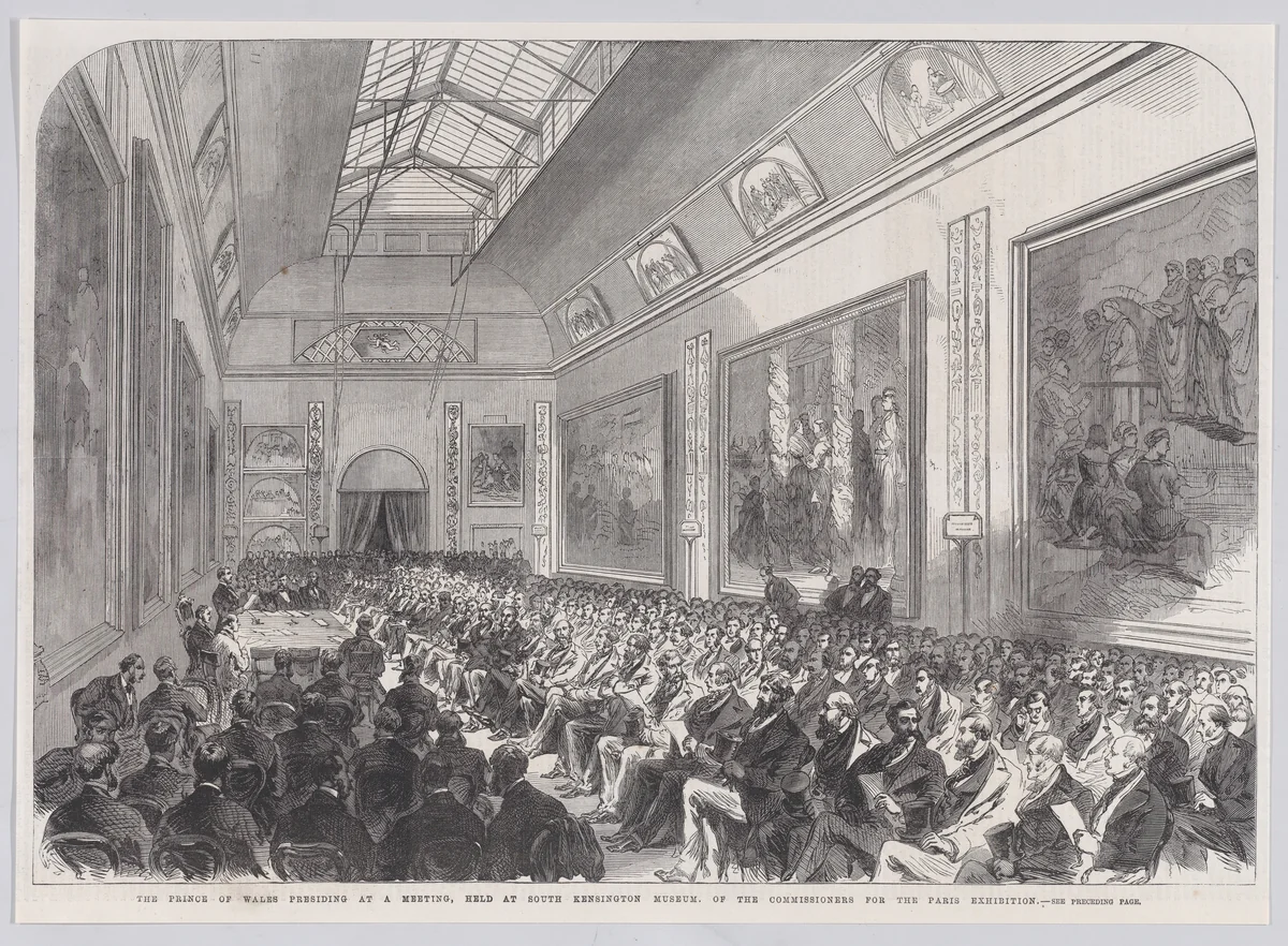 The Prince of Wales Presiding at a Meeting, held at South Kensington Museum, of the Commissioners for the Paris Exhibition, from "Illustrated London News" by anonymous, print, 1867