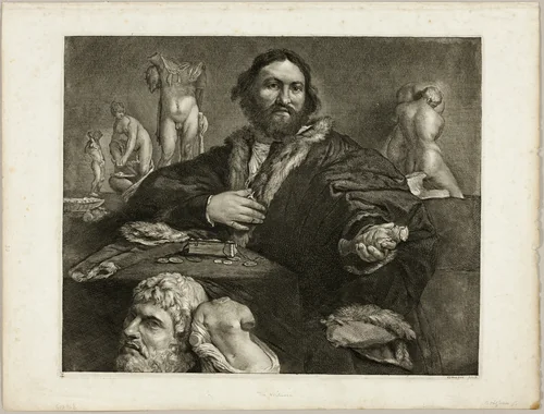Portrait of Andrea Odoni, from Cabinet Reynst (Variarum imaginum a celeberrimis artificibus pictarum Caelaturae; Engravings of various images painted by famous artists) by Cornelis Visscher, print, 1649-1658