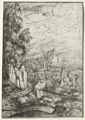 Landscape with a Road to a Castle on an Island in a River by Hanns Lautensack, print, 1554