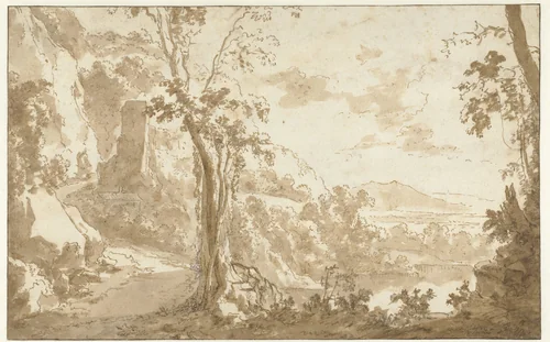 Berglandschap met een weg langs een meer by Jan Both, drawing, 1628-1652