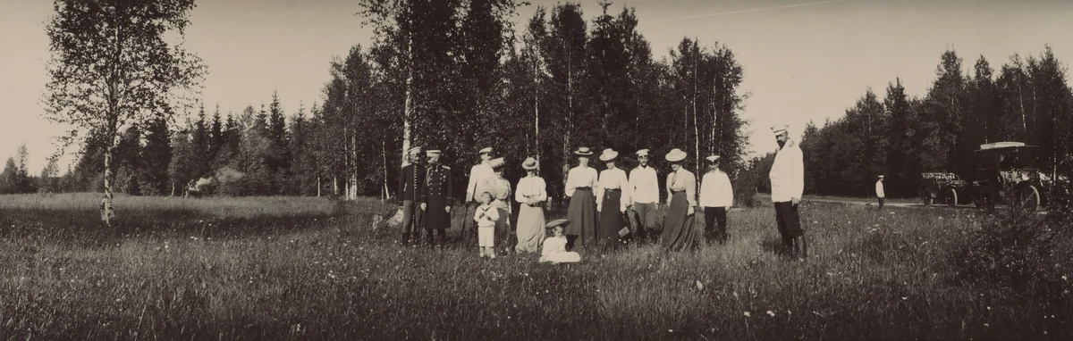 Grand Dukes Alexander Mikhailovich and Michael Alexandrovich, and Grand Duchess Xenia Alexandrovna, Cart in Background, by Unidentified Photographer, photograph, 1903