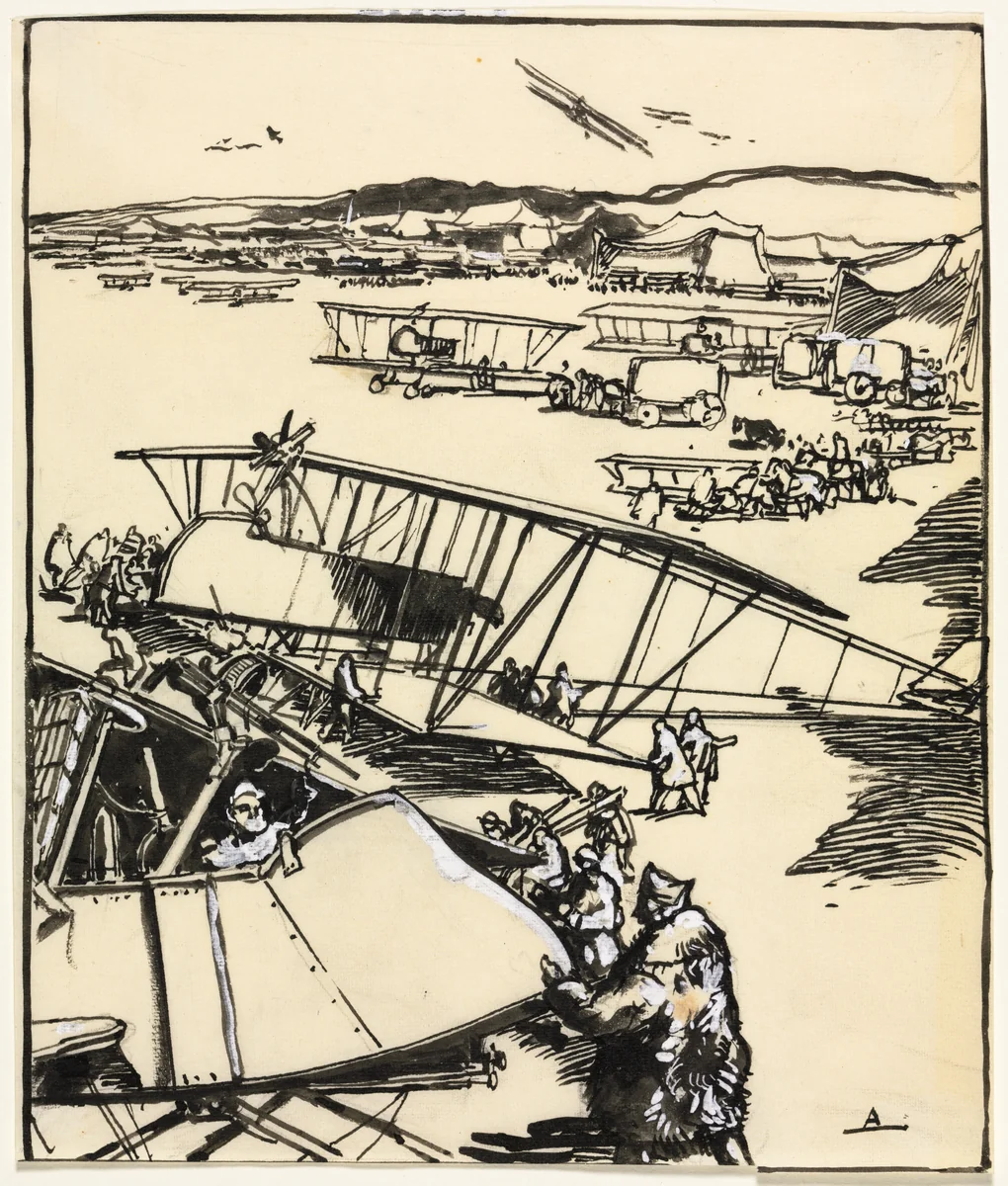 Avions reposant sur le terrain (recto) by Auguste Louis Lepère, drawing, 1914