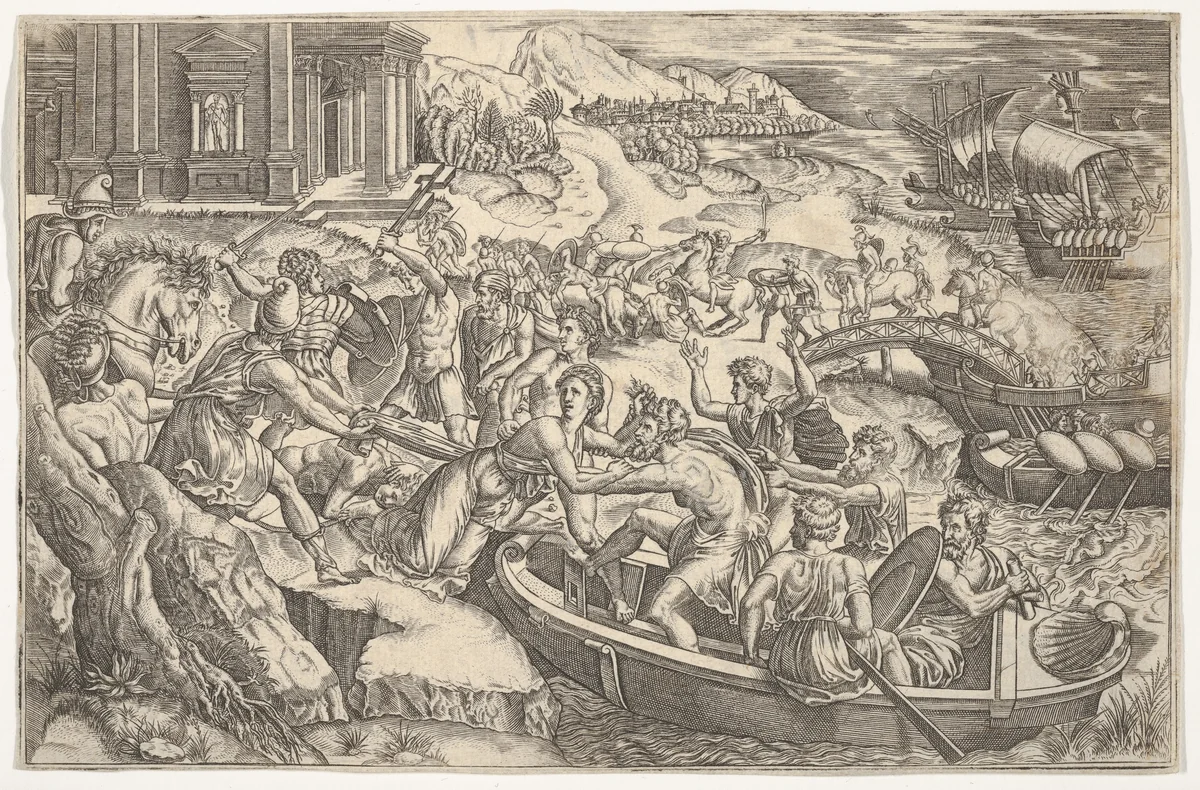 Tha Abduction of Helen (L'Enlèvement d'Hélène) by Etienne Delaune, print, 1540-1583