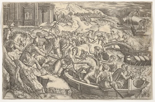 Tha Abduction of Helen (L'Enlèvement d'Hélène) by Etienne Delaune, print, 1540-1583