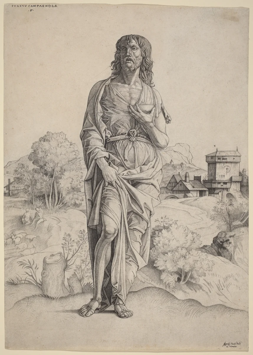 Saint John the Baptist by Giulio Campagnola, print, 1505