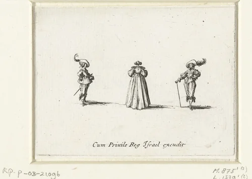 Dame, op rug gezien, tussen twee heren by Jacques Callot, print, 1633-1635