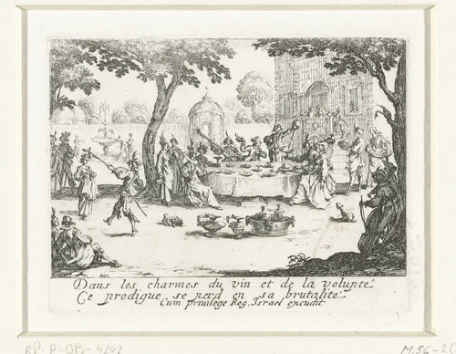 De verloren zoon verbrast zijn geld by Jacques Callot, print, 1635