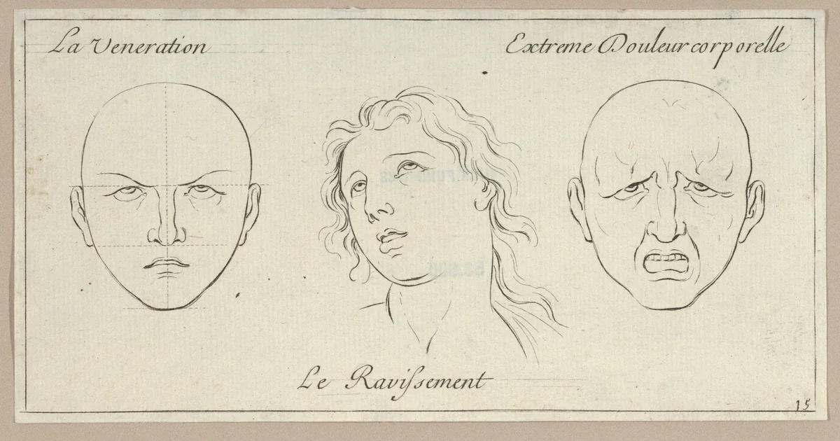 La Veneration, Le Ravissement, Extrême Douleur corporelle, from "Caractères des passions, gravés sur les desseins de l'illustre Monsieur le Brun" by Sébastien Le Clerc, print, 1695-1720