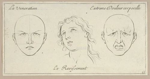 La Veneration, Le Ravissement, Extrême Douleur corporelle, from "Caractères des passions, gravés sur les desseins de l'illustre Monsieur le Brun" by Sébastien Le Clerc, print, 1695-1720