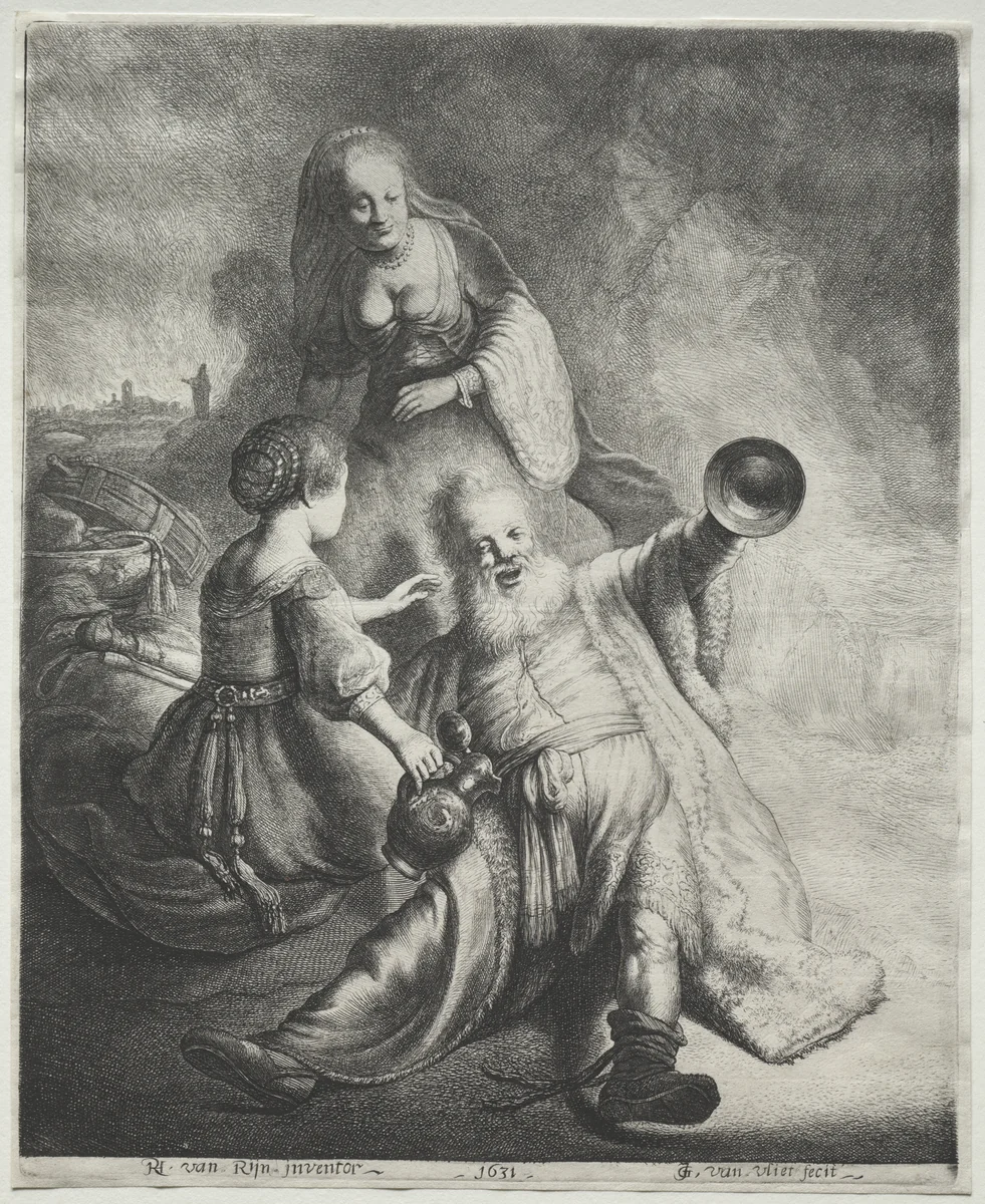 Lot and His Daughters by Jan Georg van Vliet, print, 1626-1636