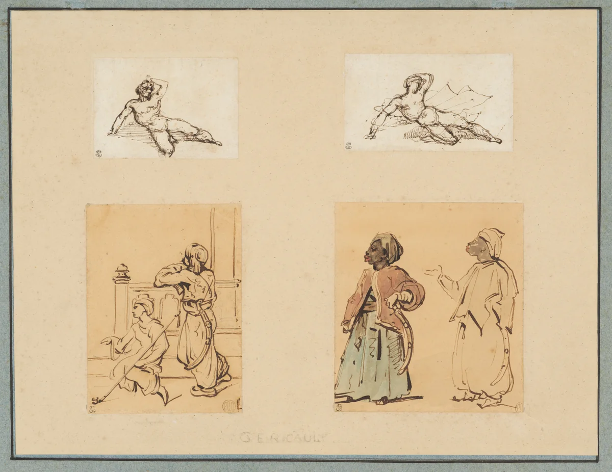 Four drawings: Two Reclining Male Nudes and Two Studies of Ottoman Figures by Théodore Gericault, drawing, 1816-1823