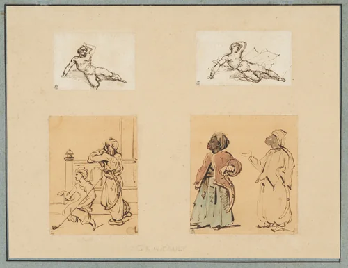 Four drawings: Two Reclining Male Nudes and Two Studies of Ottoman Figures by Théodore Gericault, drawing, 1816-1823