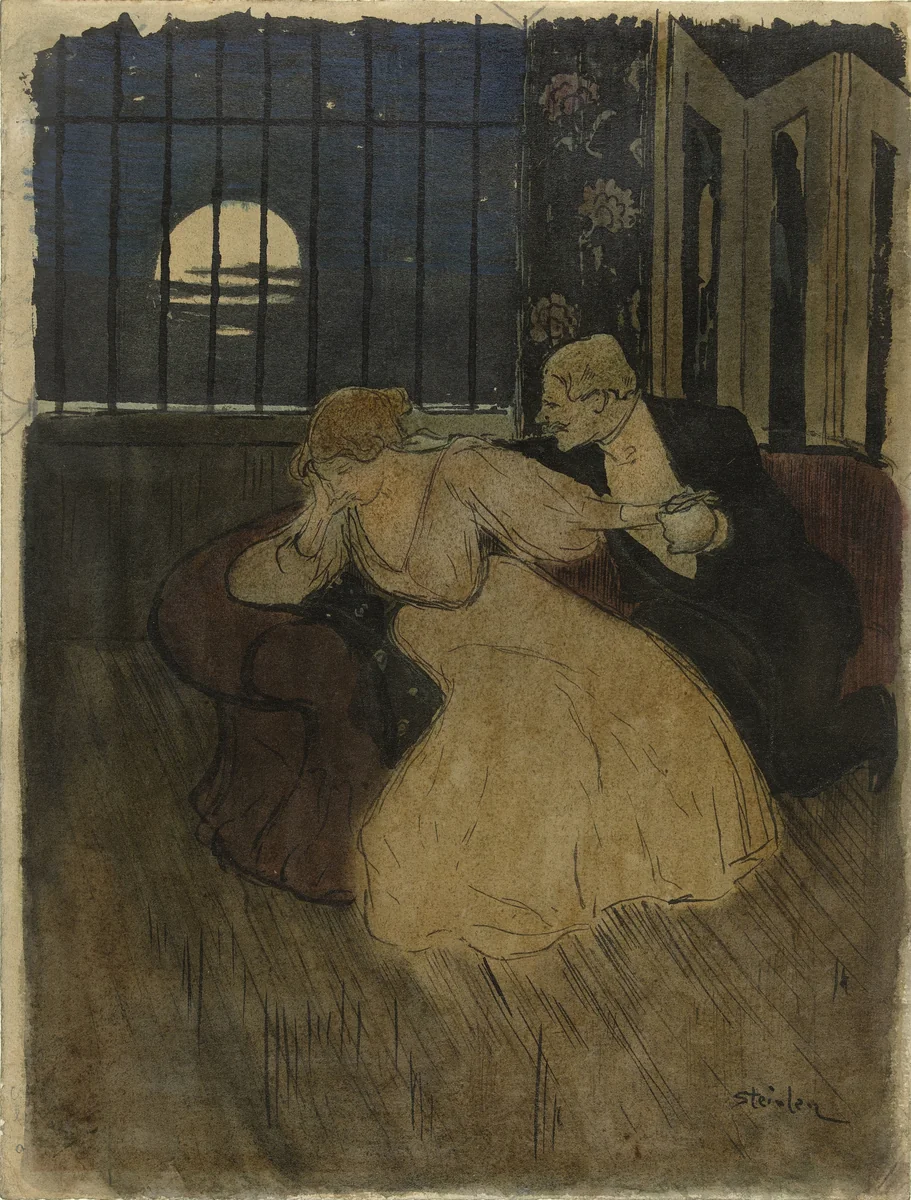 Heer in rok tracht een twijfelende dame op een sofa te overreden by Théophile Alexandre Steinlen, drawing, 1869-1923
