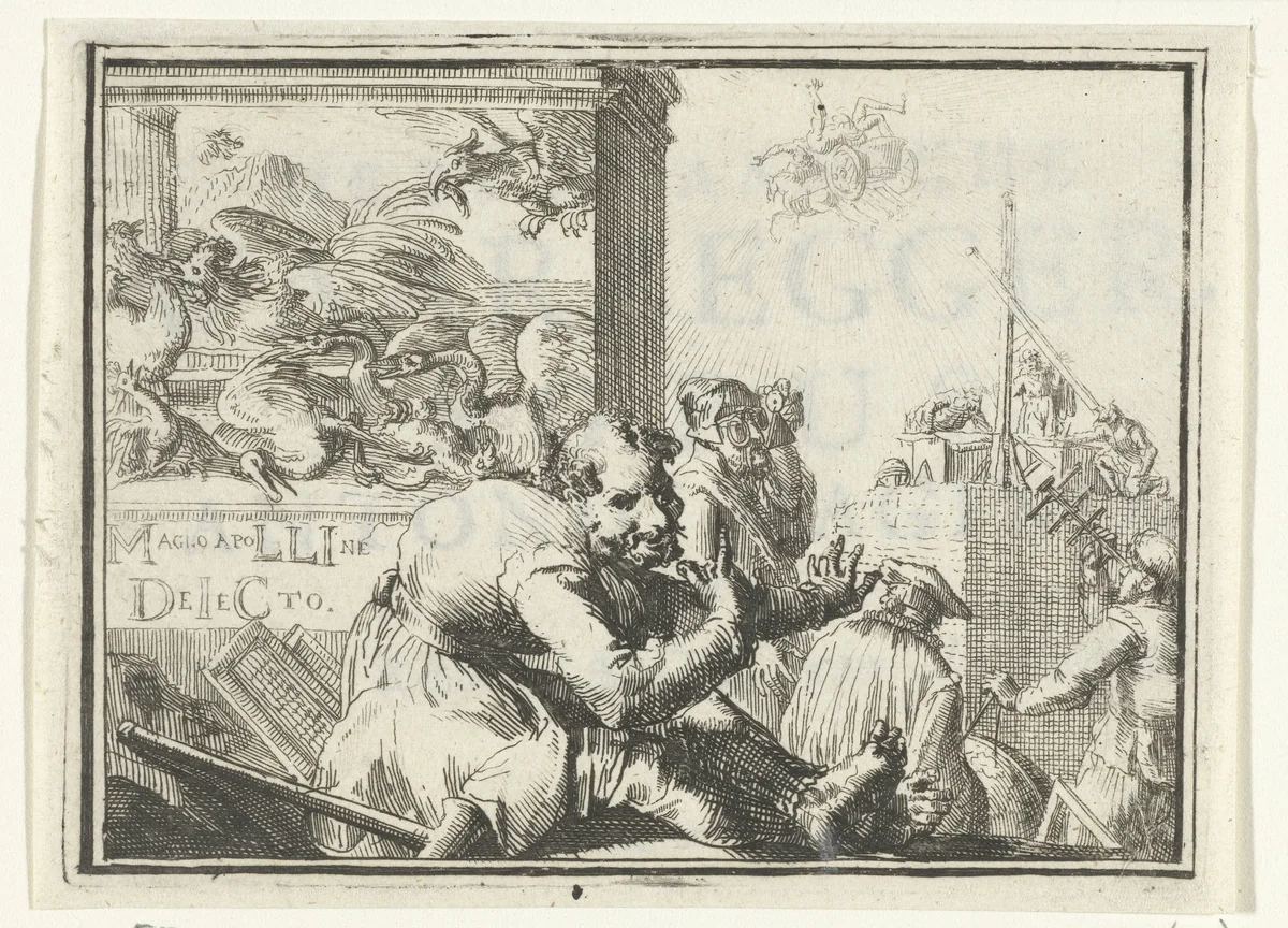 Titelblad voor het pamflet: De Italiaansche Waarzegger. Esopus, Antonio Magino, en Dirk Rembrantz van Nierop, 1702 by Romeyn de Hooghe, print, 1702