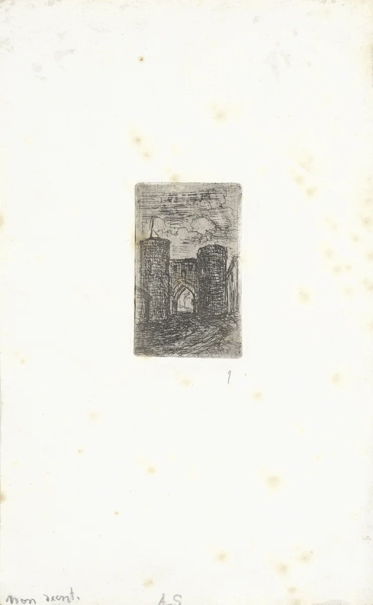 Stadspoort met twee torens by Arnoud Schaepkens, print, 1831-1904