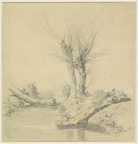 Knotwilgen aan een water by Eugène François de Block, drawing, 1842