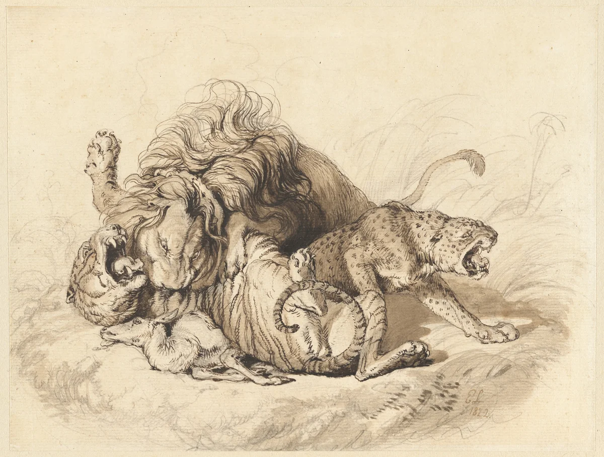 Contending Group after Nature [A Lion Fighting a Tiger and a Leopard] by Sir Edwin Landseer, drawing, 1822