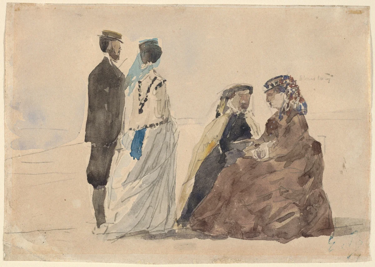 Two Ladies Seated and a Couple Walking on the Beach by Eugène Boudin, drawing, 1866