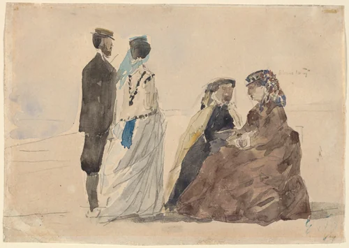 Two Ladies Seated and a Couple Walking on the Beach by Eugène Boudin, drawing, 1866