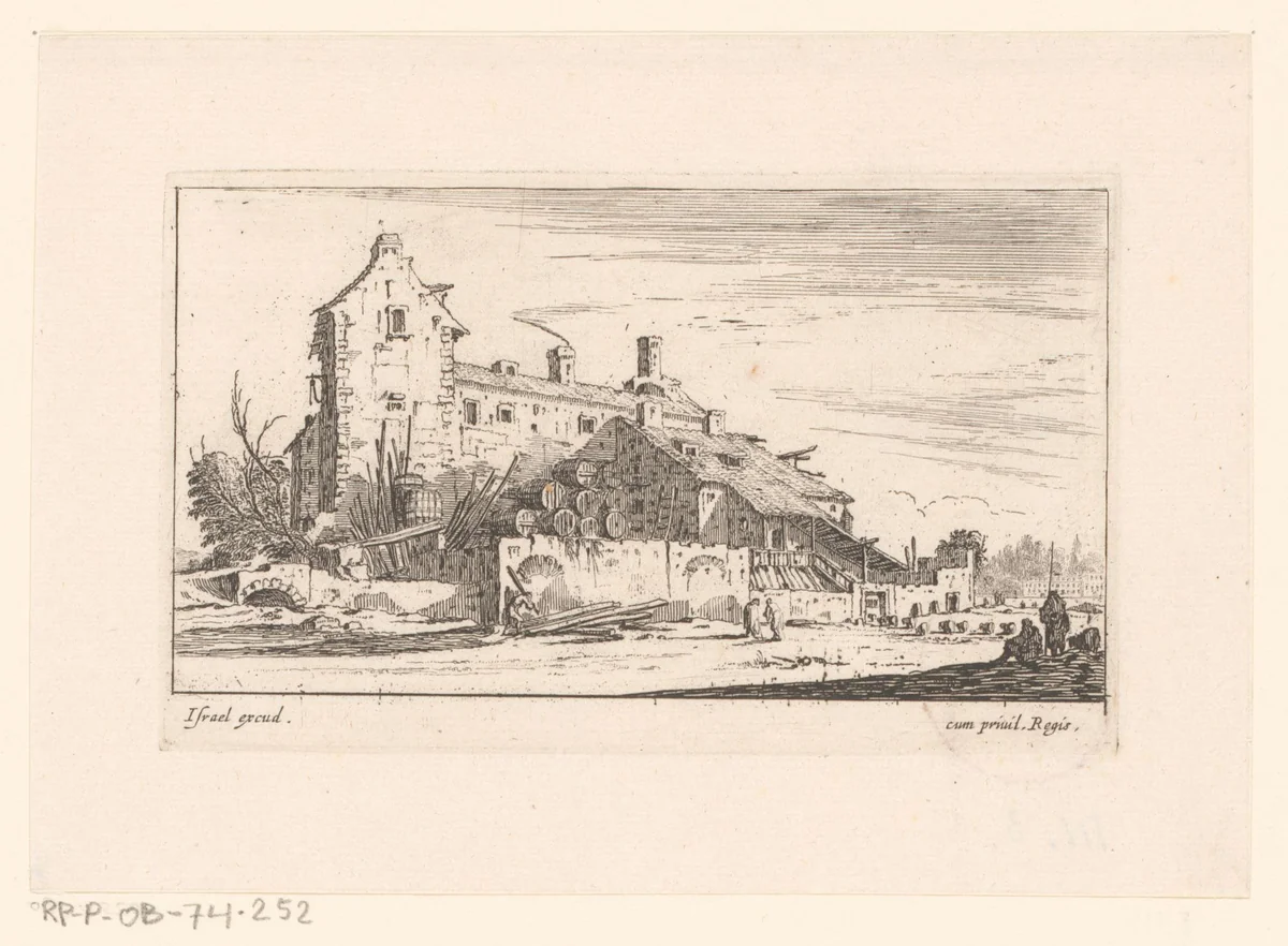 Huis waartegen vaten opgestapeld liggen by Israël Silvestre, print, 1631-1661